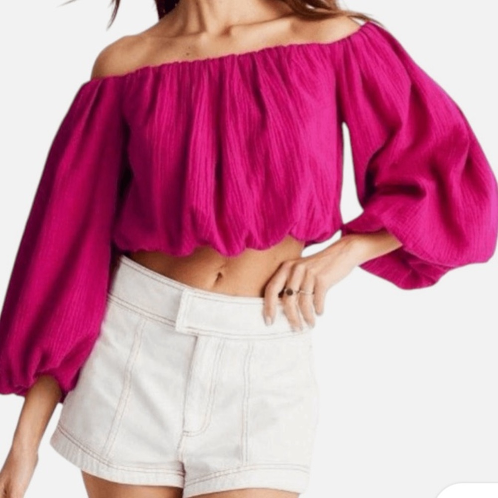 Future Collective/Jenny K Lopez Fuchsia Off-Shoulder Balloon Sleeve Crop Blouse